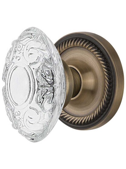 Rope Rosette Door Set with Victorian Crystal-Glass Knobs - 2 3/4 in Antique Brass.